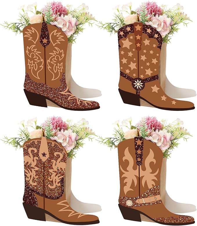 16Pcs Western Cowboy Boots Flower Boxes Centerpiece Brown Boots Shape Box Decorations Western Cowboy Boot Vase Paper Box for Wild West Rodeo Birthday Baby Shower Decoration