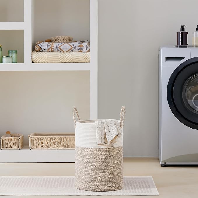 VIPOSCO Tall Laundry Hamper, Woven Rope Storage Basket for Blanket, Toys, Dirty Clothes in Living Room, Bathroom, Bedroom - 30L White & Brown