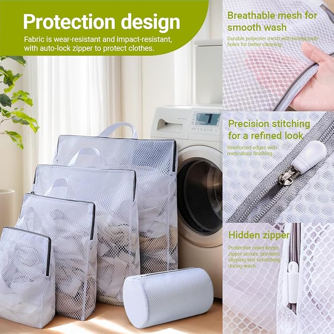 5-Size Mesh Laundry Bags with Handles for Delicates, Honeycomb Wash Bags for Bras/Sweaters/Bedding, Hidden Zipper Garment Protector