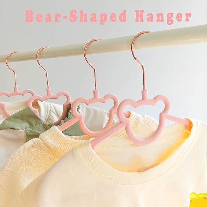 60 Pack Pink Velvet Kids Clothes Hangers - 12.6in for Ages 4-10, with Cute Bear, Rotating Rose Gold Hook, Non-Slip, Space-Saving Slim Felt Hangers for Toddler Coats, Jackets, Dresses