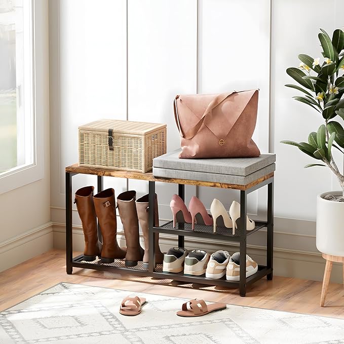 Shoe Rack for Entryway,Freestanding Hidden Shoe Storage Organizer, Boot Shoe Bench Shelves for High Heels with Seat Cushion,Narrow Wood Shoe Rack for Entrance Closet, Hallway, 3 Tier,Brown