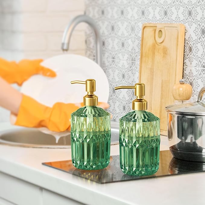 AmazerBath Soap Dispenser, 2 Pack Green Glass Soap Dispenser with Pump Stainless Steel, 14.2OZ Luxury Gold Hand Soap Bottles Bathroom Kitchen