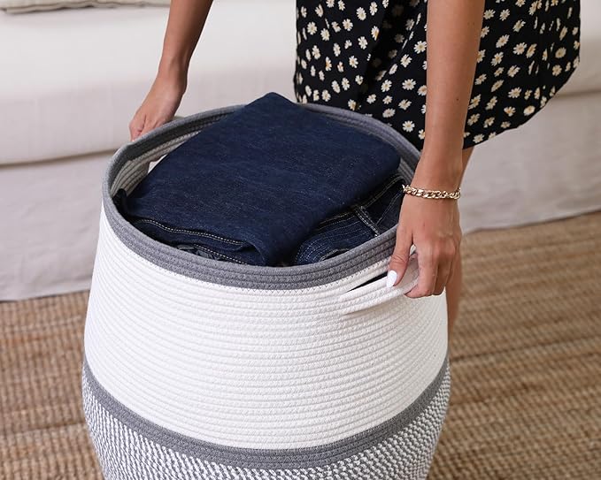 26"x20" Handcrafted Tall Cotton Rope Basket with Lid, Stylish Flagon Shape with Cover, Clothes Hamper with Top, for Bedroom and Living Room, White/Grey Mix/Dark Grey