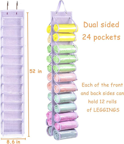 Legging Storage Bag Storage Hanger Can Holds 24 Leggings or Shirts Jeans Compartment Storage Hanger, Foldable Leggings Organizer Clothes Portable Closets Roll Holder (Light Purple)