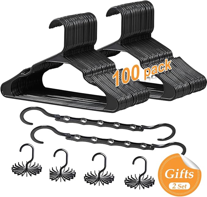 VECELO 100 Pack Plastic Hangers-Clothes Hangers Set with Shoulder Grooves for Closet Space Saving-Heavy Duty Coat Hanger,Black