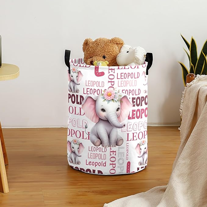 Large Custom Name Laundry Hamper, Elephant Personalized Dirty Clothes Hamper Storage Basket with Name for Bathroom Bedrooms, Customized Name Circular Hamper with Handles for Baby Boys Girls Men Women