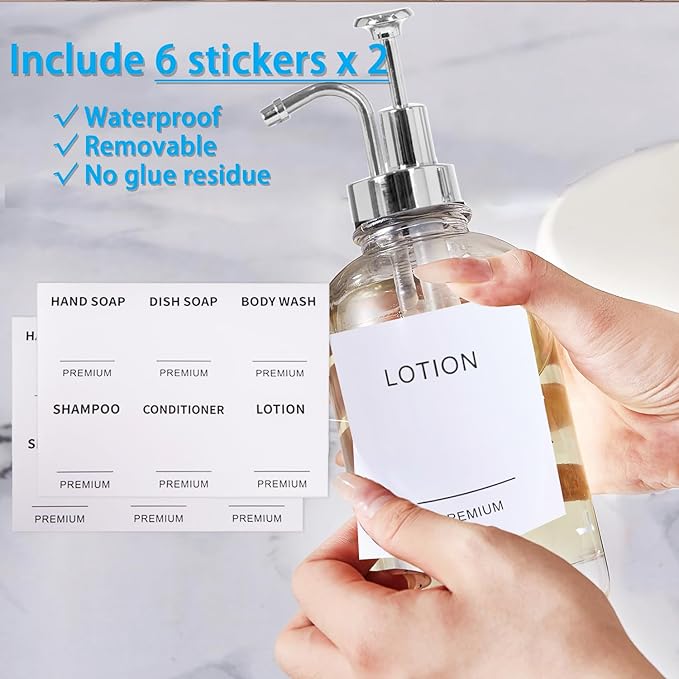 12oz Dish Soap Dispenser for Kitchen, Hand Glass Soap Dispenser Set with Pump, Tray, Funnel for Bathroom, Shower, Laundry, Liquid, Lotion (Silver 2 Pack Clear Bottles with 12 Stickers)