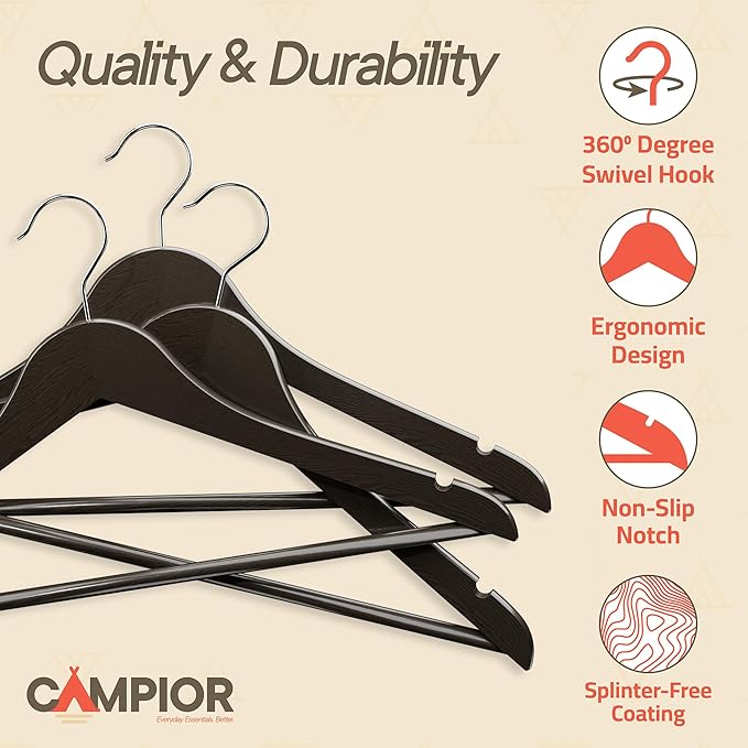 Vintage Wooden Hangers 30 Pack – Heavy-Duty with 360° Swivel Hook, Non-Slip, Pants Bar & Shoulder Grooves - Wooden Hangers for Suits, Jackets, Dresses & Camisoles, Space-Saving and Smooth Finish