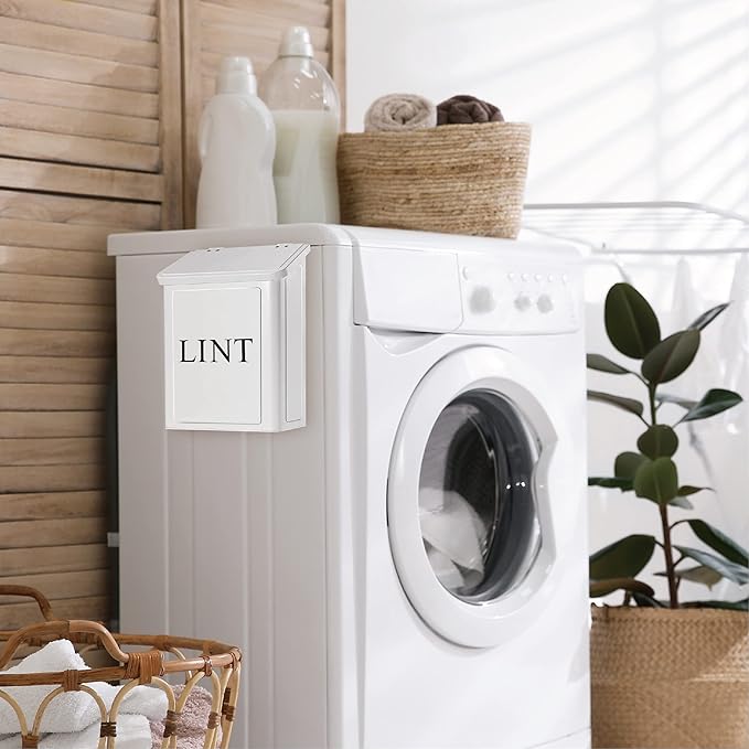 Calindiana Modern Farmhouse Metal Magnetic Lint Bin for Laundry Room Decor and Accessories with Lid and Laundry Room Organization and Storage Wall Mount Space Saving Washer and Dryer Trash Can, White