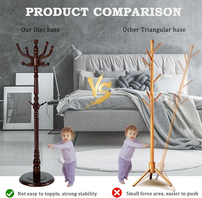 Coat Racks FreeStanding with 11 Hooks, Natural Wood Coat Rack with Solid Round Base, Adjustable Height Coat Racks, Easy Assembly for Hallway, Bedroom and Office (Walnut-Solid Round Base)