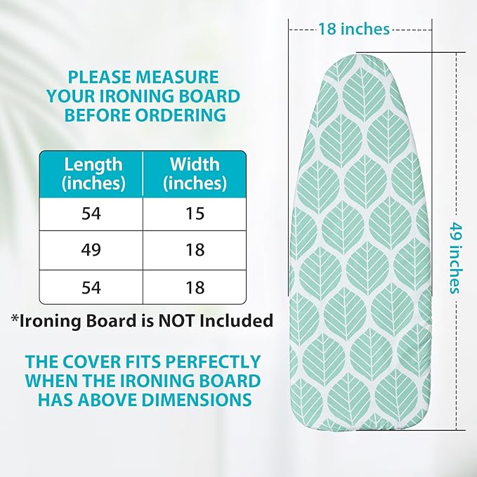 Seiritex Wide Ironing Board Cover and Pad 18 x 49 inch Heat Reflective with Hook and Loop Fasteners, Thick Padding with Elasticized Edges, 3 Layers Iron Board Cover (Green Leaf)
