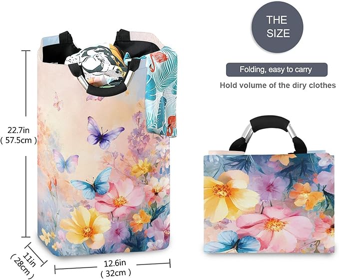 xigua Colorful Flowers and Butterflies Large Laundry Hamper with Handle, Foldable Clothes Hamper Collapsible Storage Basket for Toys and Clothes Organization in Bedroom, Bathroom, and Laundry Room