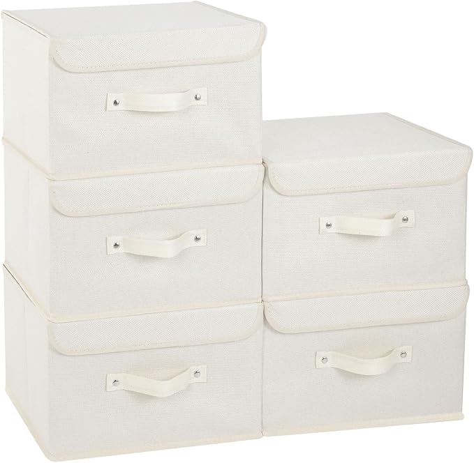 Fabric Storage Bins Cube Organizers with Flip-Top Lid and Handles,Storage Boxes for Organizing Home,Office,and Closet,Beige,5 Pack 13 X 9.1 X 7.9 in