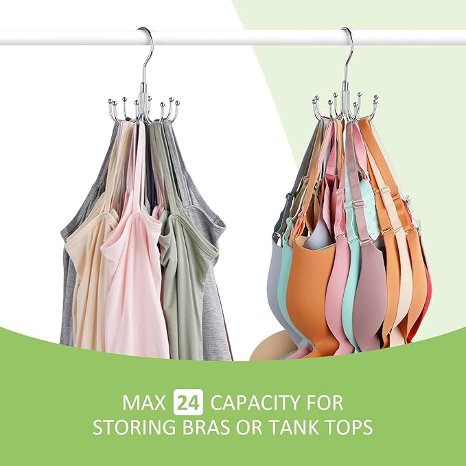2 Pack Tank Top Hanger, Rotatable Bra Hanger for Closet, Max 24 Capacity Metal Tank Top Holder Storage Space Saving Sport Bra Organizer, Silver