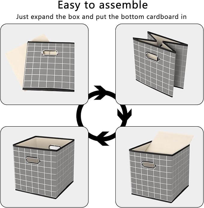 Yunkeeeper storage bins Cubes, Fabric Cube Organizer with Handle, Foldable Cube Bins for Cloth or Accessary Storage, 11x11x11, Set of 6, (Grey grid)