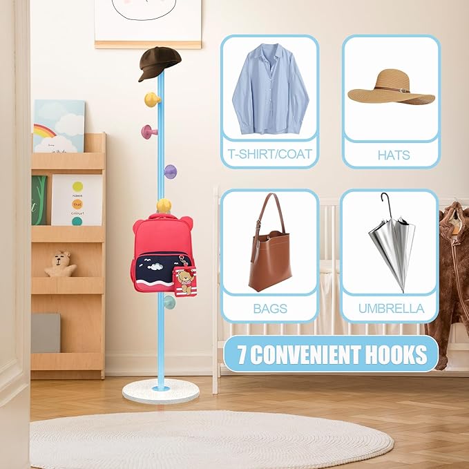 Mushroom Coat Rack, Metal Coat Tree Stand with 7 Hooks, Marble Base, 2 Adjustable Height Freestanding Coat Rack for Coats, Hats, Scarves and Handbags for Entryway, Hallway, Bedroom, Office, Blue
