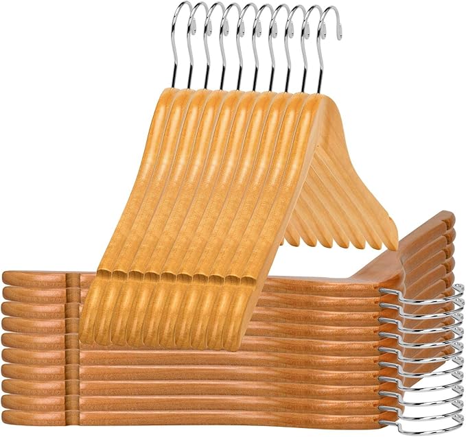 Quality Semi Curved Wooden Suit Hangers, 20-Pack Smooth Finish Solid Wood Coat Hanger with Swivel Hook, Jacket, Pant, Dress Clothes Hangers (Natural, 20)