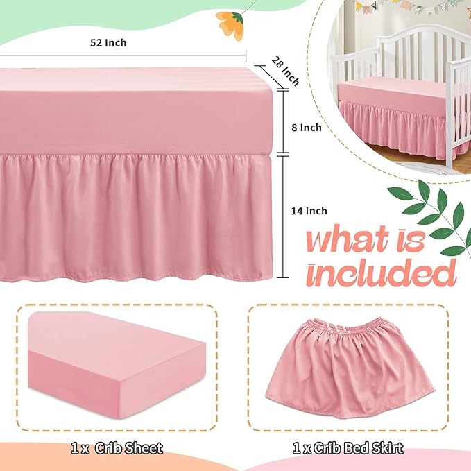 SiinvdaBZX 2-Piece Set Ruffled Crib Skirt & Soft Microfiber Fitted Crib Sheet, 52"x28" + Adjustable Elastic 14" Drop, Fit for Baby Standard Crib & Nursery Toddler Bedding (Blush Pink)