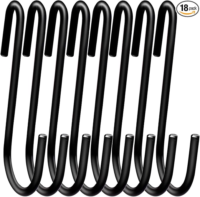 18 Pack 4 inch Heavy Duty S Hooks Pan Pot Holder Rack Hooks S Shaped Hooks Hangers for Oval Ceiling Pot Rack Hanging Kitchenware Spoons Pans Pots Utensils Clothes Bags Towels Plants (Black)