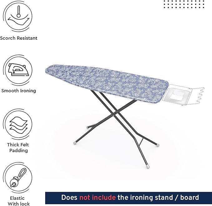 Encasa XO Ironing Board Cover with 4mm Extra Thick Felt Pad for Steam Press – Blue - (Fits Standard Boards of Medium, 42"x14") Elastic Fitting, Heat Reflective, Protective