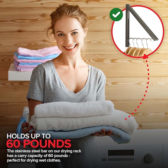 Single Foldable Clothing Rack, Wall-Mounted Retractable Clothes Hanger for Laundry Dryer Room, Hanging Drying Rod, Small Collapsible Folding Garment Racks, Dorm Accessories (Gray)