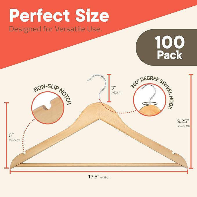 Natural Wooden Hangers 100 Pack – Heavy-Duty with 360° Swivel Hook, Non-Slip, Pants Bar & Shoulder Grooves - Wooden Hangers for Suits, Jackets, Dresses & Camisoles, Space-Saving and Smooth Finish
