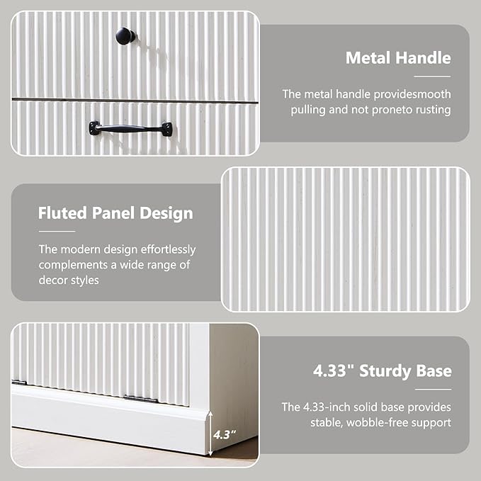 Modern Tilt-Out Laundry Hamper Cabinet, 10 Gallon Fluted Trash Can Cabinet with Drawer, Wooden Hidden Garbage Can Cabinets with Laundry Basket, Free Standing for Bathroom and Kitchen, White