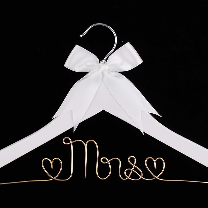 Ella Celebration Mrs Wedding Dress Hanger, Wood and Wire Hangers for Bride to be Gown (White with Light Gold Wire)
