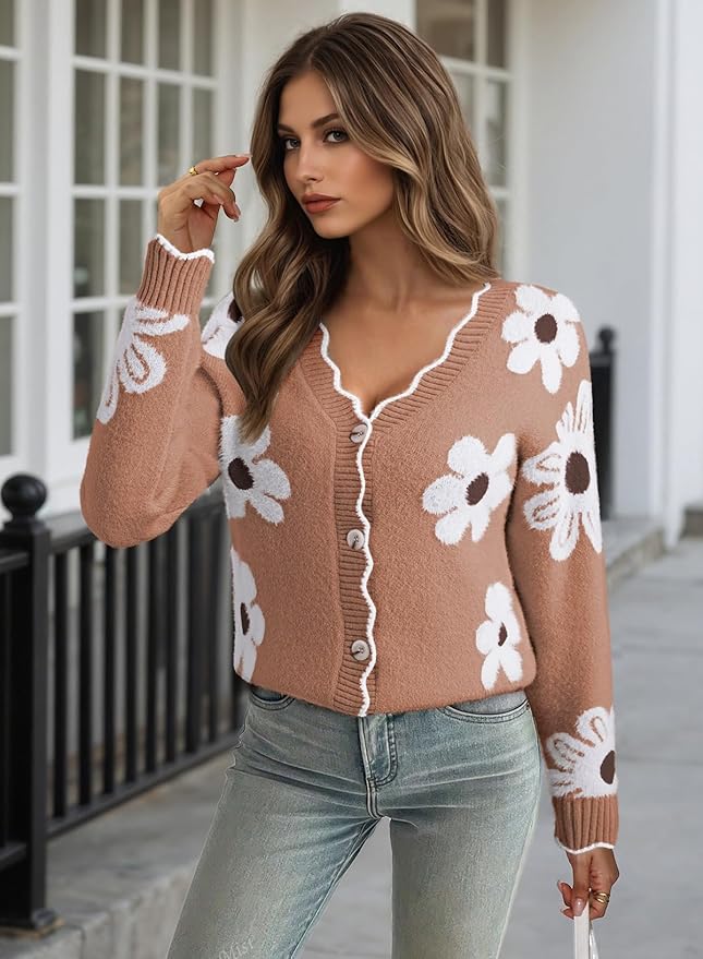 Pink Queen Fuzzy Sweater Cardigan for Women 2025 Fashion Long Sleeve Flower Outerwear Button Down Open Front Cardigan Coat