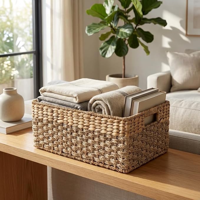 Medium Wicker Basket for Storage, Natural, Seagrass and Hyacinth Woven Baskets for Décor with Built-In Handles, Rectangular, Shelf Organizing for Bedroom, Pantry - Medium Size - 15.5x9.5x6.5 in