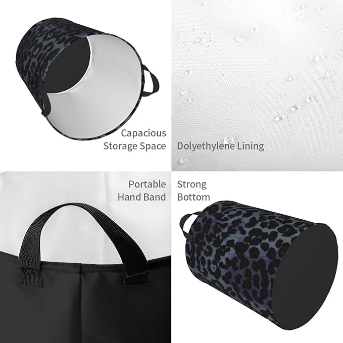 Black Grey Leopard Round Laundry Hamper Storage Basket Toys Clothes Organizer Bin For Home Bathroom Bedroom Dorm Nursery, 38l