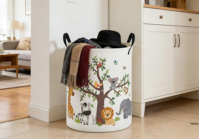 ESSME Kids Laundry Basket,Animal Hamper Collapsible Canvas Waterproof Storage Bin foBoys, Cute Hamper,Gift Baskets(Tree animal)