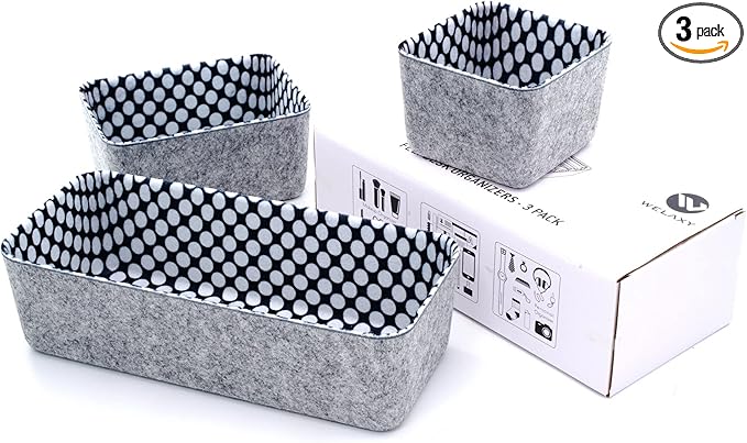 Welaxy Deep Desk Drawer Organizer Bins with Modern Pattern Home Office Storage Bin Sturdy Small Sharrow Cozy Cubby Organize Box Gifts idea 3-Piece (polka dot )
