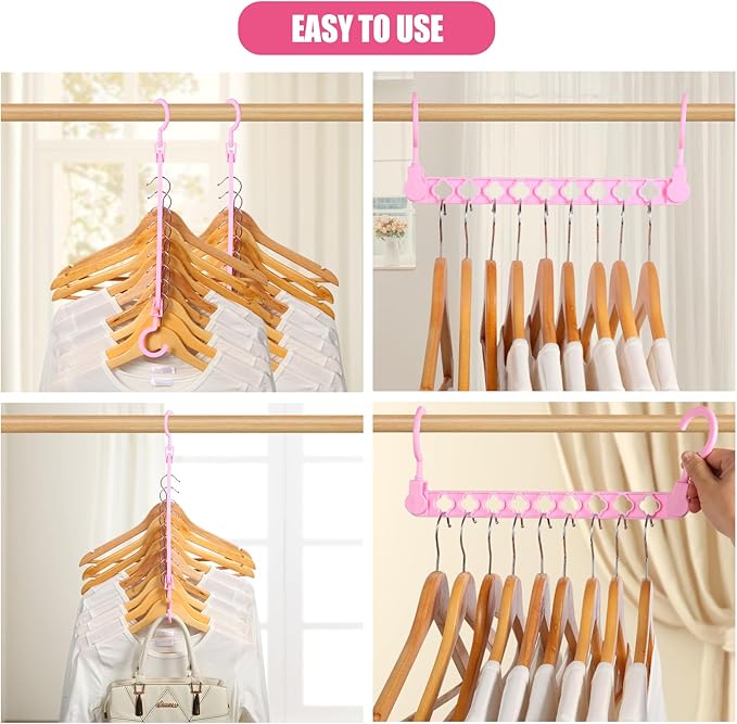 SLMT Magic Hangers Connectors 10 Pack Space Saving Closet Organizers College Dorm Room Essentials Space Saver Cascading Hangers with 9 Holes (Pink)
