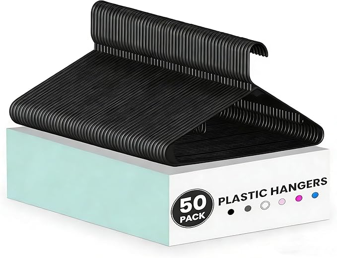 Simple Deluxe Plastic Hangers 50 Pack, Anti-Slip Design with Space-Efficient Hooks, Versatile for Shirts, Coats, Dresses & Daily Clothing, Black
