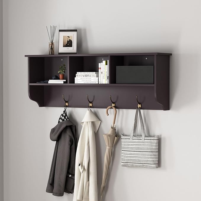 Elegant Espresso Wooden Wall-Mounted Coat Rack with Shelf - Entryway Organizer with 4 Dual Hooks - Modern Storage Display for Home Decor, Plants, Photos - MDF Construction - 39"x8"x14"