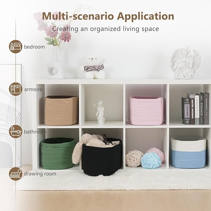 Cotton Rope Storage Basket, 15x10x9 Inches, Woven Basket for Shelves, Clothes, Towels, Books, and Laundry, White Blue (3 Pack)