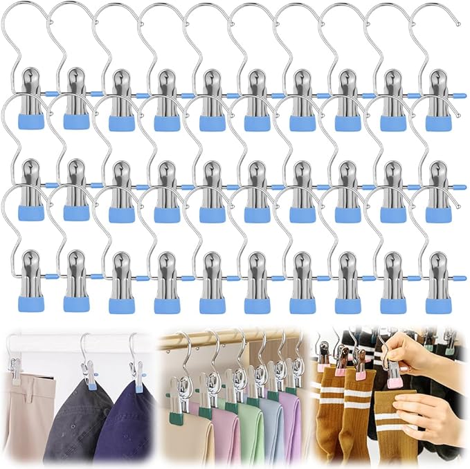 Clothes Pins Hanging Clips, 2025 Upgrade Space-Saving Clothespin Hat Pants Storage Hanging Travel Hook, Multifunctional Hanger Hooks Anti Rust Clips for Clothes (30, Blue)