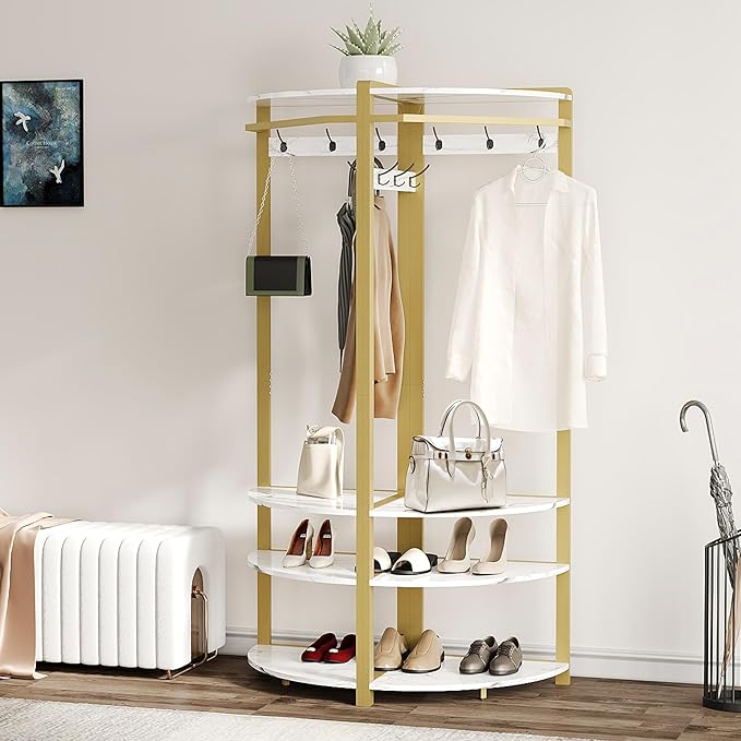 Hallway Coat Rack with 6 Double-Row Hooks and 4 Storage Shelves – Multifunctional Clothes Rack and Shoe Organizer Perfect for Entryway, Hallway and Closet, White & Gold