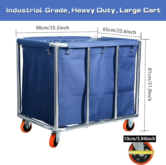 Commercial Laundry Cart with Wheels, 400L Large Capacity Heavy Duty Stainless Laundry Basket,Laundry Sorter for Clothes Storage,330 lbs Load (Blue)