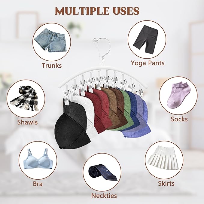 3 Pack Hat Hangers for Closet Display, Metal Hat Organizer for Baseball Caps with 30 Clips, Hats Rack Holder for Closet, Hats Storage for Baseball Caps Beanie Accessories Men Women, White
