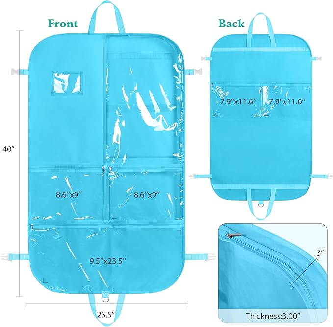 Univivi Kids Garment Bags for Dance Costumes, 40 Inch Dance Competition Costume Bag, 3 Medium Clear Zipper Pockets and 2 Back Zippered Pockets with 1 xPendant, 3 x Badge(Blue)