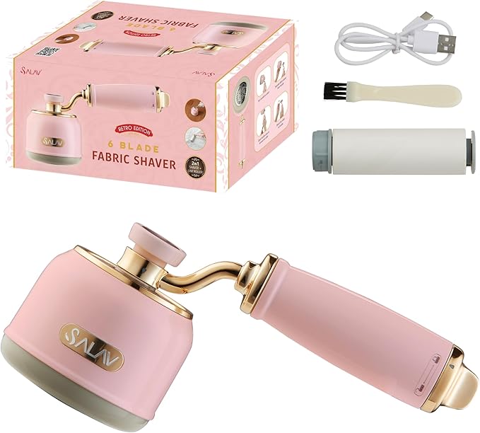 SALAV® Retro Edition 2-in-1 Rechargeable Fabric Shaver and Lint Roller, 6-Blade System, Removes Fuzz and Pilling on Fabrics, Includes Charging Cable (Rose)