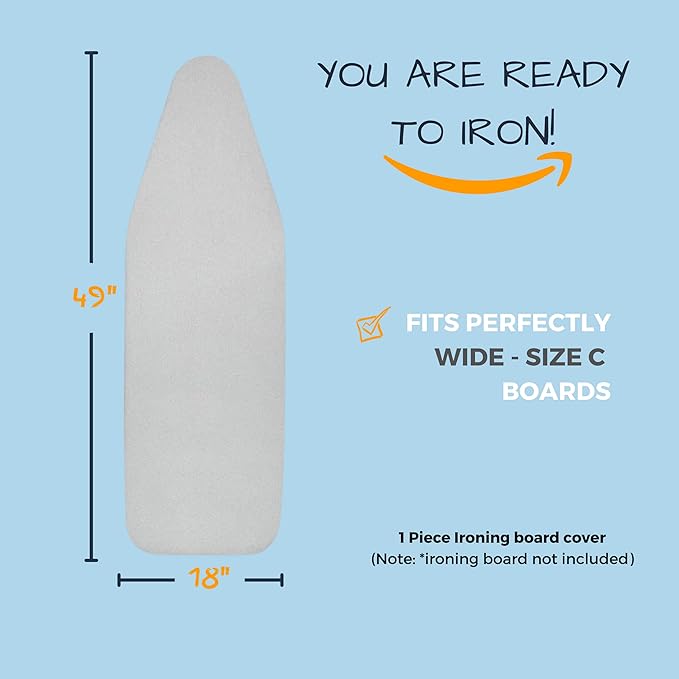 SAVUK Ironing Board Cover and Pad Standard Size 18x49 inch,Large Extra Wide, Adjustable Elastic Edge Fit, Extra Thick, Heat Reflective, Non Stick Scorch and Stain Resistant (18" X 49", Silver)