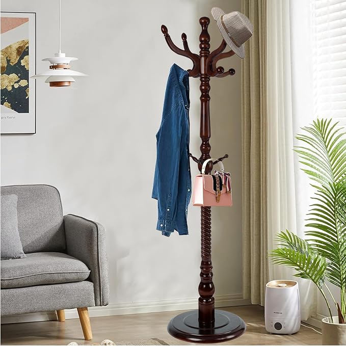 Solid Wood Coat Rack, Free Standing Hall Coat Tree with 11 Hooks, 2 Height Options, 270lbs Load, Stury Base, Clothes Rack for Entryway, Hallway, Bedroom (Disc Base - Dark Brown)