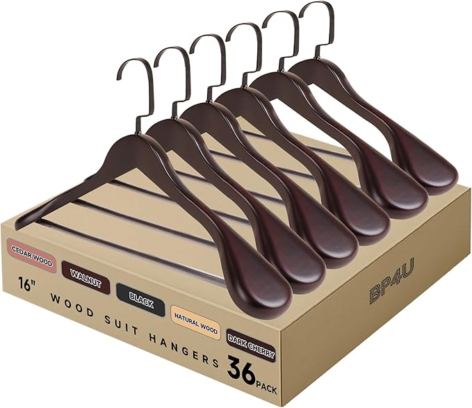 36-Pack Premium Wide Shoulder Wooden Suit Hangers, 16" Heavy-Duty Solid Wood Coat Hangers with Pant Bar for Women's Heavy Garments, Blazers, Jackets (Dark Cherry)