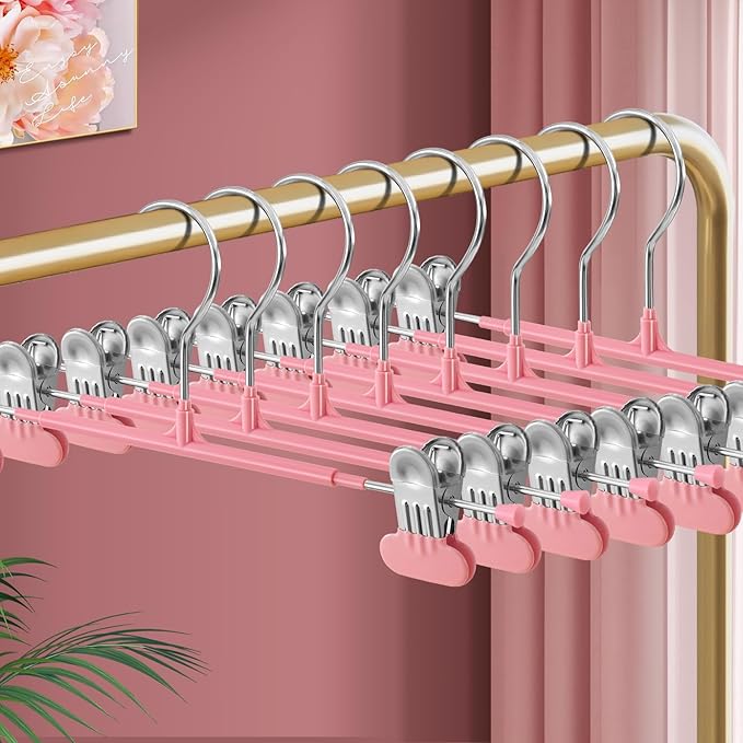 14Inch Clothes Pants Hangers with Wide Clips 20 Pack,Non-Slip Adjustable Skirt Hanger for Women,Space-Saving Heavy Duty Men Hangers for Pants,Trousers,Jeans,Shorts,Pink