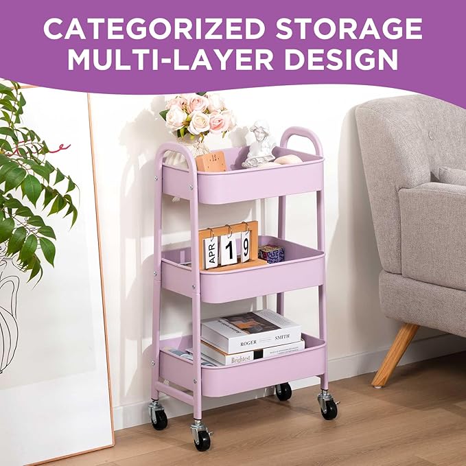 AGTEK 3 Tier Utility Rolling Cart with Lockable Wheels, Metal Multifunctional Storage, Organizer Cart for Kitchen, Office, Living Room, Makeup, Craft, Art Studio, Purple