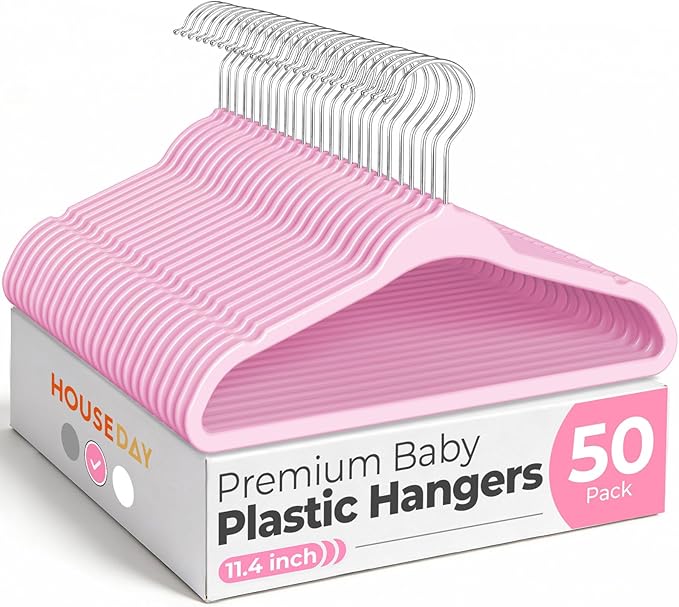 HOUSE DAY 11.4 Inch Baby Hangers 50 Pack - Plastic Kids Hangers Space Saving Thin Profile, Children Closet Organizers with Rotatable Hook of 360°, Heavy Duty for Toddler Clothes Nursery - Pink
