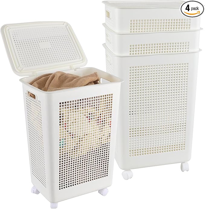 4-Pack 65 L Plastic Slim Laundry Hamper with Lid, Wheels and Pull Handles, Large Tall Laundry Basket, White